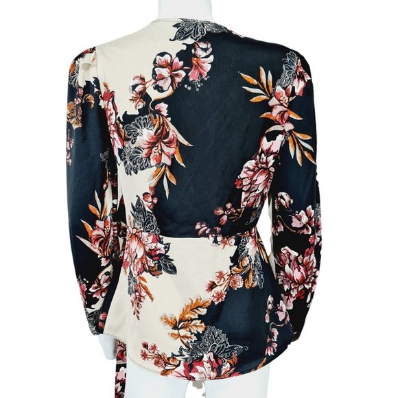 River Island Black Floral Long Sleeve Faux Wrap Top UK 8 V-Neck - Picture 3 of 5